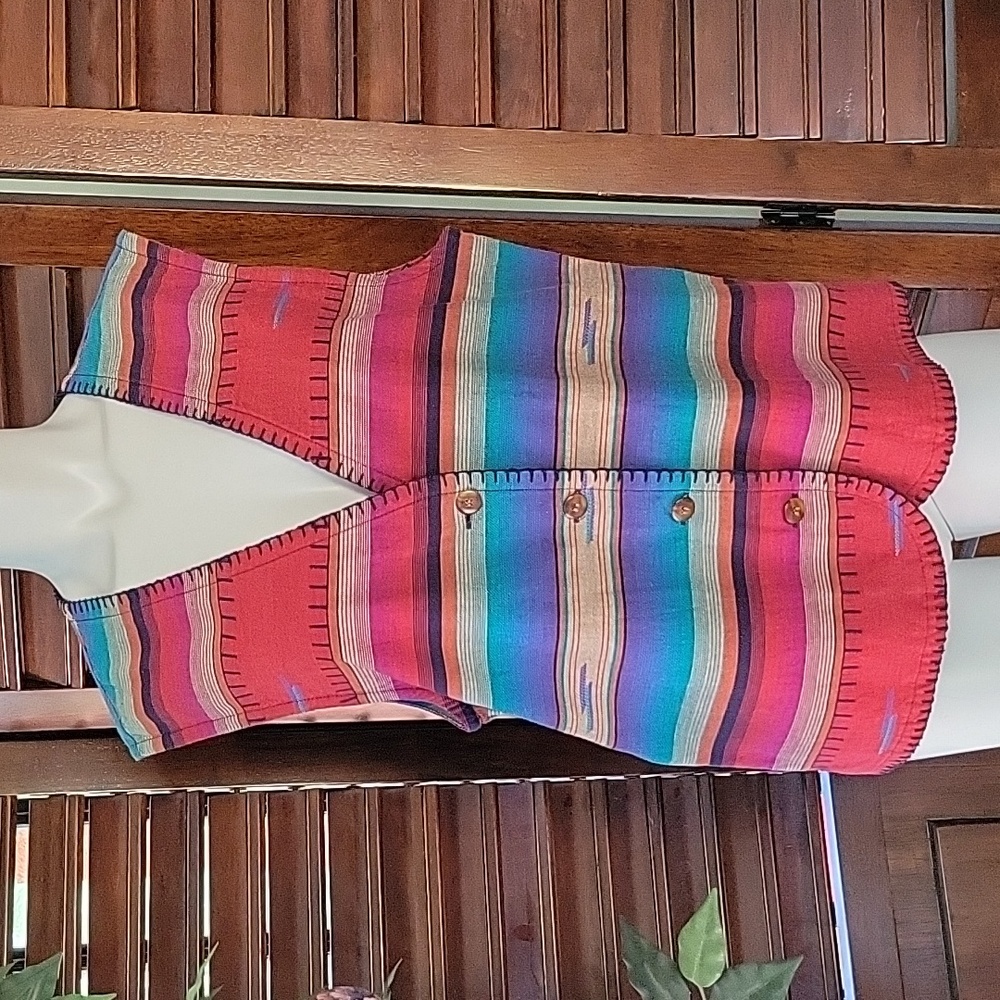 Vintage Southwestern Navajo Button Down Lined Vest Cotton Striped V-Neck Medium